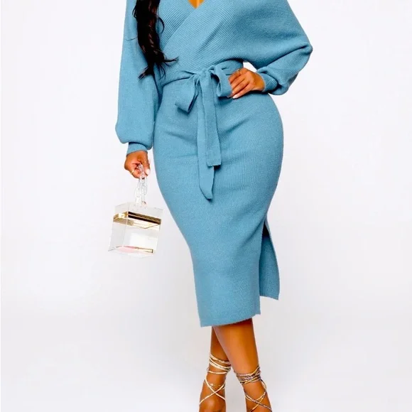 Fashion Nova | Dresses | Beautiful Blue Sweaterknit Midi Dress With Belt Side Slits | Poshmark Fashion Nova | Dresses | Beautiful Blue Sweaterknit Midi Dress With Belt Side Slits | Poshmark